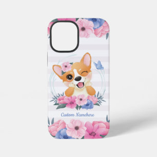 Cute Corgi Dog Flower Wreath Blue Butterfly Custom iPhone 12 Mini Case