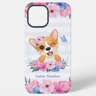 Cute Corgi Dog Flower Wreath Blue Butterfly Custom iPhone 12 Pro Max Case