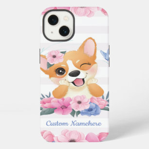 Cute Corgi Dog Flower Wreath Blue Butterfly Custom iPhone 13 Case