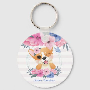 Cute Corgi Dog Flower Wreath Blue Butterfly Custom Key Ring