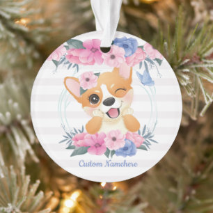 Cute Corgi Dog Flower Wreath Blue Butterfly Custom Ornament