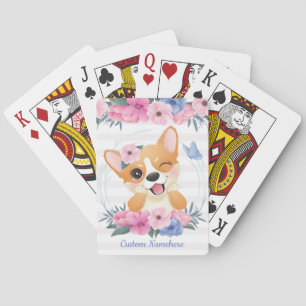 Cute Corgi Dog Flower Wreath Blue Butterfly Custom Playing Cards
