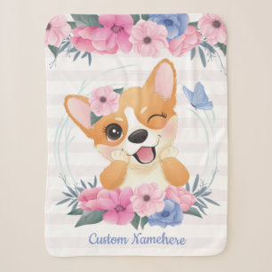 Cute Corgi Dog Flower Wreath Blue Butterfly Custom Sherpa Blanket