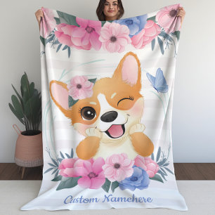 Cute Corgi Dog Flower Wreath Blue Butterfly Custom Sherpa Blanket