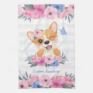 Cute Corgi Dog Flower Wreath Blue Butterfly Custom Tea Towel
