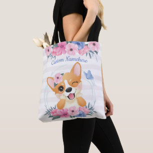 Cute Corgi Dog Flower Wreath Blue Butterfly Custom Tote Bag