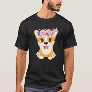 Cute Corgi Dog Flowers And Butterfly Corgis Custom T-Shirt