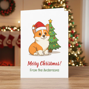 Cute Corgi Dog in a Red Hat with Christmas Tree Card