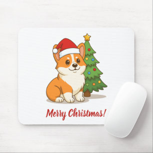 Cute Corgi Dog in a Red Hat with Christmas Tree Mouse Mat