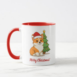 Cute Corgi Dog in a Red Hat with Christmas Tree Mug