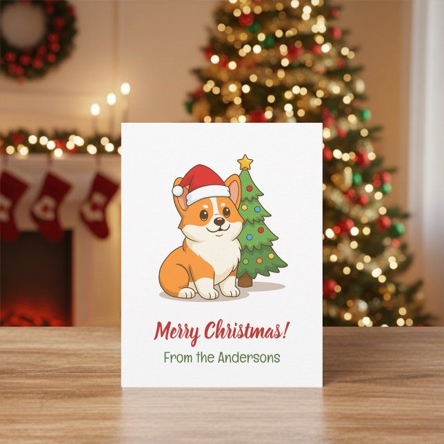 Cute Corgi Dog in a Red Hat with Christmas Tree Postcard (Creator Uploaded)