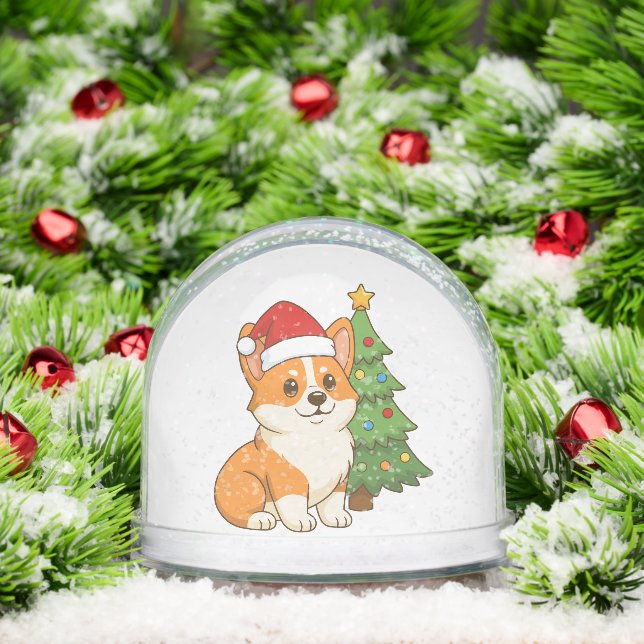 Cute Corgi Dog in a Red Hat with Christmas Tree Snowglobe (Christmas)
