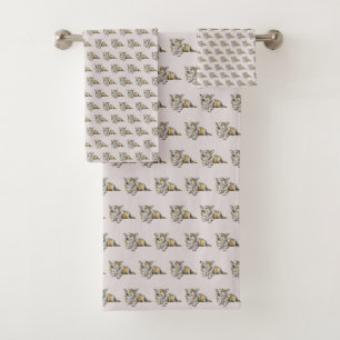 Cute Corgi dog pattern on Grey Background Bath Towel Set