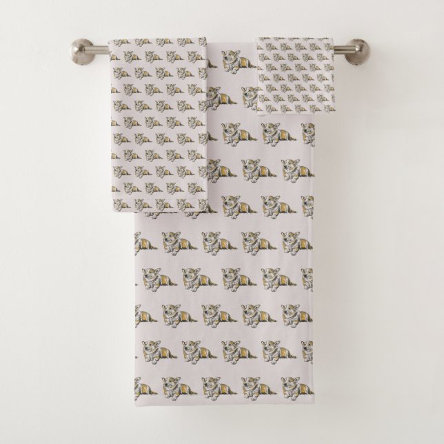 Cute Corgi dog pattern on Grey Background Bath Towel Set (Insitu)