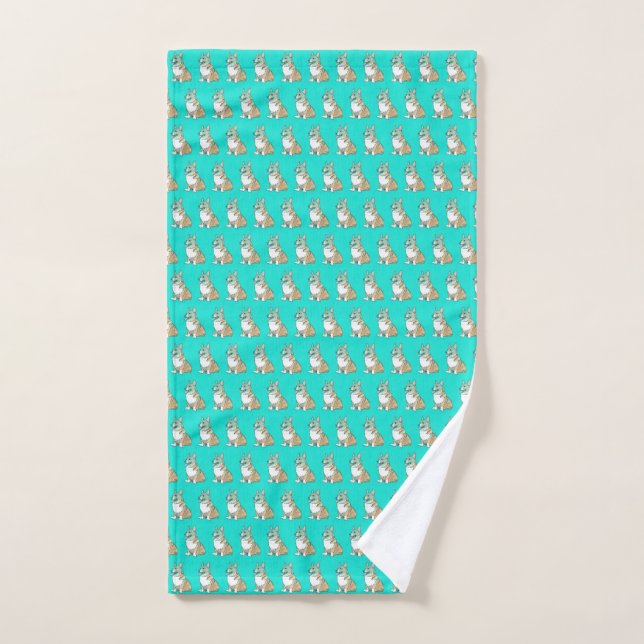 Cute Corgi Dog Pattern on Turquoise Background Hand Towel (Hand Towel)