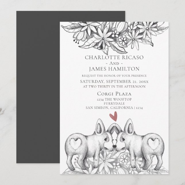 Cute Corgi Dog Pencil Drawing Wedding Invitation (Front/Back)