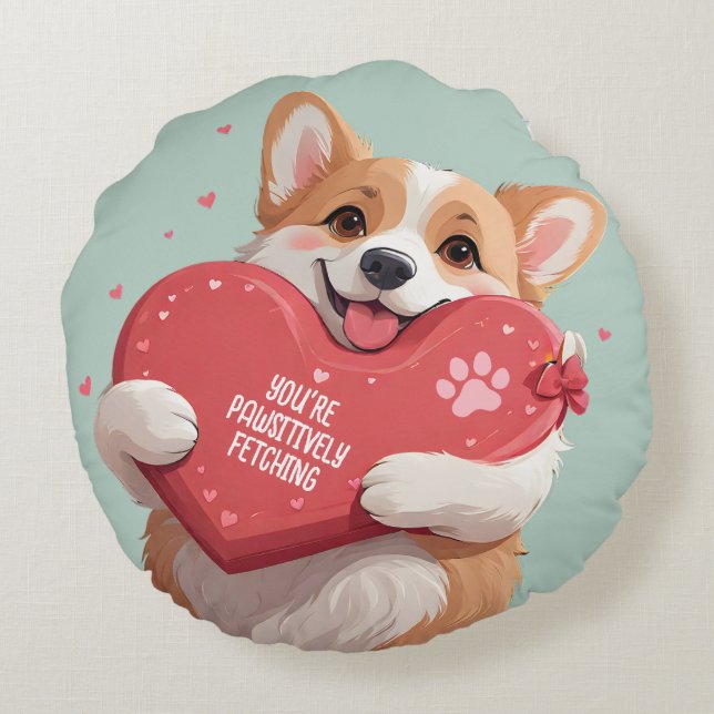Cute Corgi Dog Pun Hearts Monogram Name Valentines Round Cushion (Back)