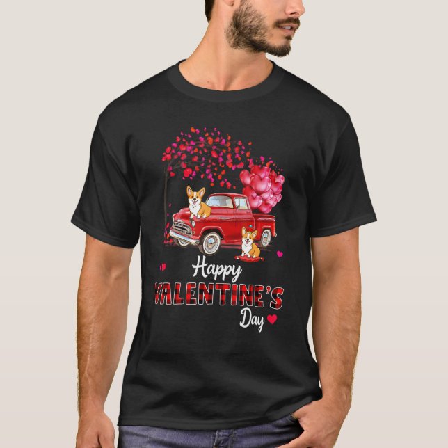 Cute Corgi Dog Red Truck Happy Valentine's Day Val T-Shirt (Front)