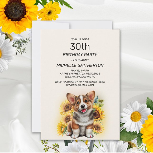 Cute Corgi Dog Sunflowers 30th Birthday Invitation (Creator Uploaded)