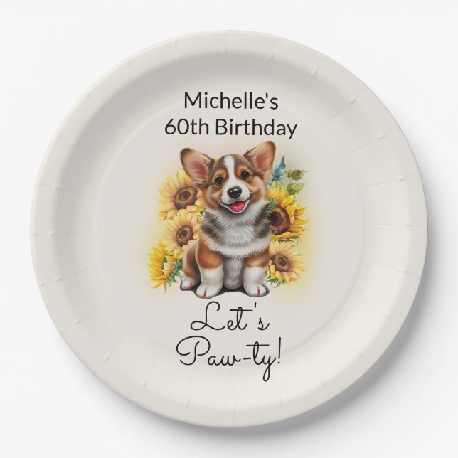 Cute Corgi Dog Sunflowers 60th Birthday Paper Plate (Front)
