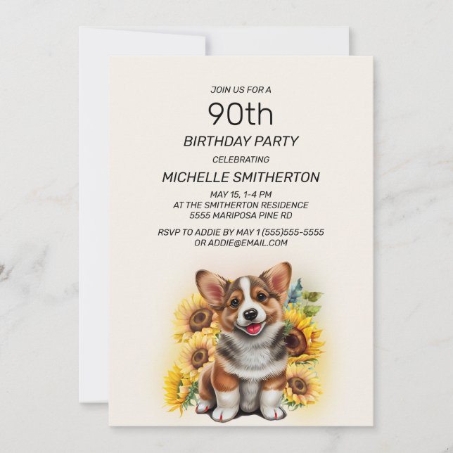 Cute Corgi Dog Sunflowers 90th Birthday Invitation (Front)