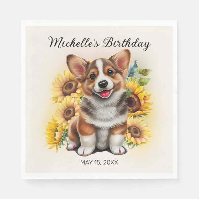 Cute Corgi Dog Sunflowers Birthday Napkin (Front)