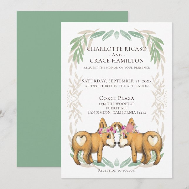 Cute Corgi Dog Two Brides Gay Wedding Invitation (Front/Back)