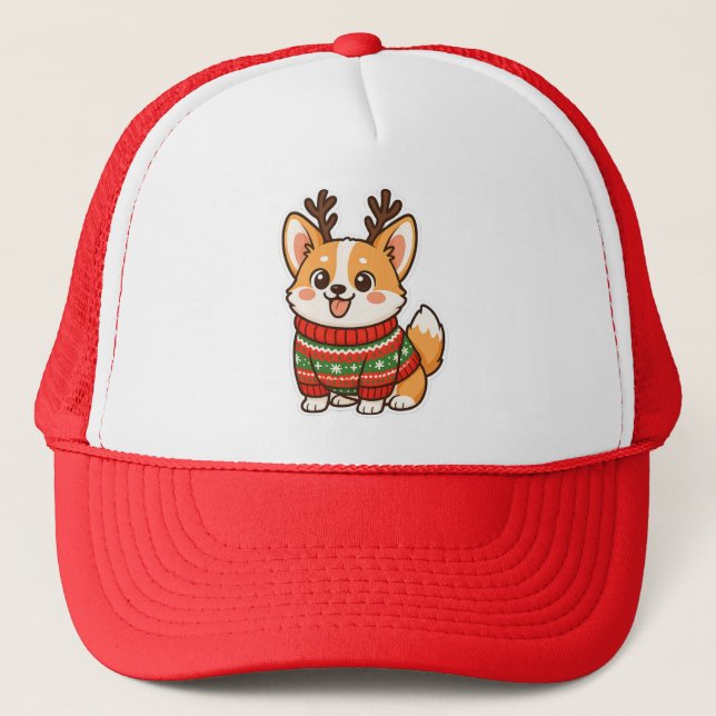 Cute Corgi Dog Ugly Christmas Sweater Holiday Swea Trucker Hat (Front)