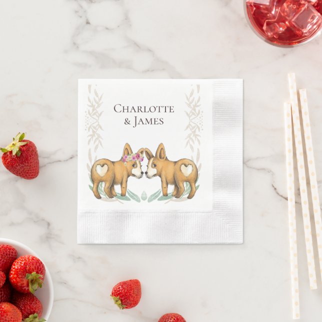 Cute Corgi Dog Wedding Couple Personalised Napkin (Insitu)