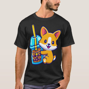 Cute Corgi Dog With Bubble Milk Tea Cartoon T-Shirt