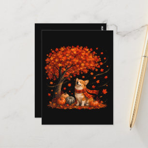 Cute Corgi Dog with Fall Leaves Forest Autumn Postcard