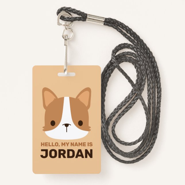 Cute Corgi Dog with Personalised Name ID Badge (Front with Lanyard)