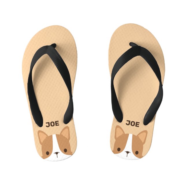 Cute Corgi Dog with Personalised Name  Kid's Flip Flops (Footbed)