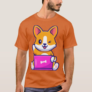 Cute Corgi Dog Working On Laptop Cartoon T-Shirt