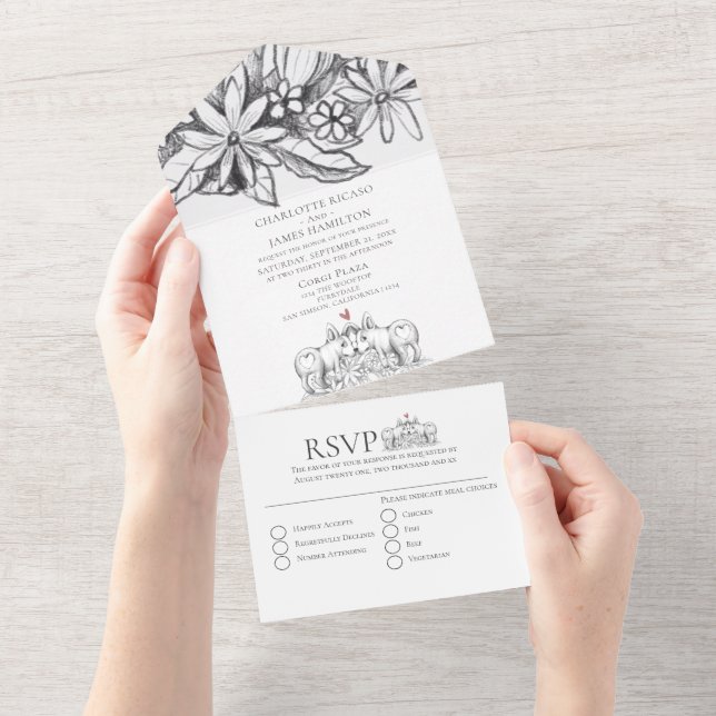 Cute Corgi Dogs Pencil Drawing Wedding All In One Invitation (Tearaway)