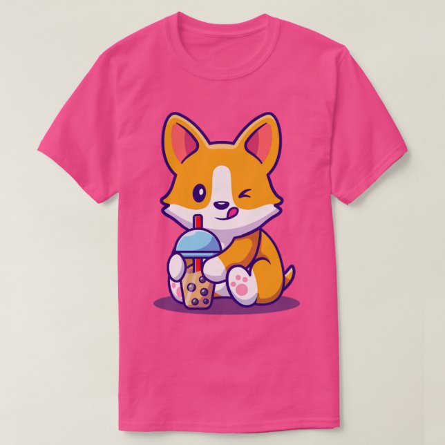 Cute Corgi Drink Milk Tea Boba T-Shirt (Design Front)