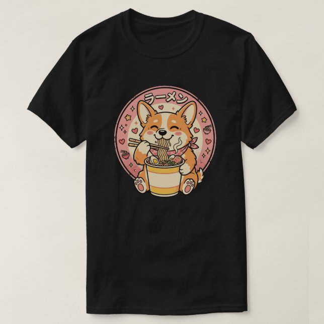 Cute Corgi Eating Ramen Kawaii Japanese Noodle  T-Shirt (Design Front)