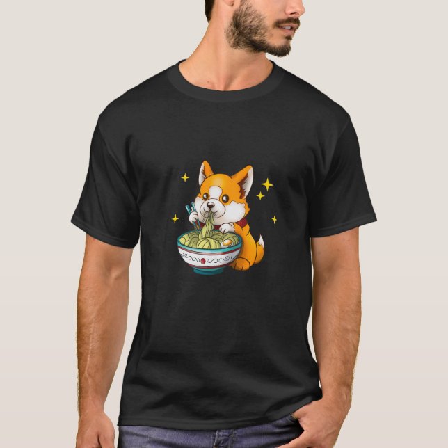 Cute Corgi Eating Ramen Soup Funny Dog Lover T-Shirt (Front)