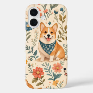 Cute Corgi Floral Garden Pattern iPhone 16 Case