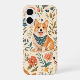 Cute Corgi Floral Garden Pattern iPhone 16 Case