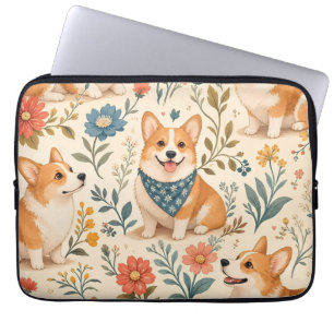 Cute Corgi Floral Garden Pattern Laptop Sleeve