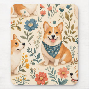 Cute Corgi Floral Garden Pattern Mouse Mat