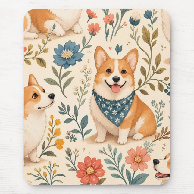 Cute Corgi Floral Garden Pattern Mouse Mat (Front)