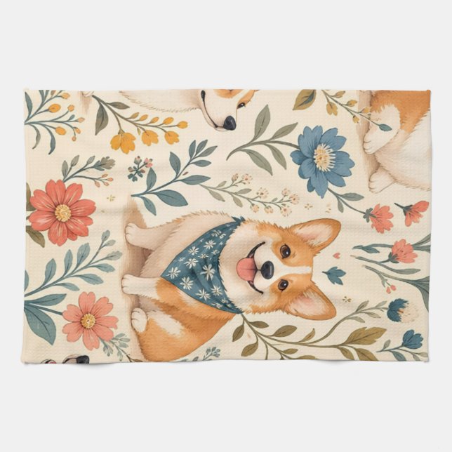Cute Corgi Floral Garden Pattern Tea Towel (Horizontal)