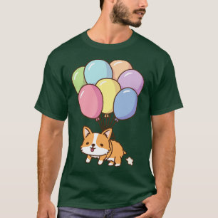 Cute Corgi Flying With Rainbow Balloons T-Shirt