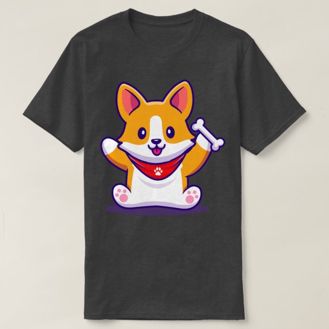 Cute Corgi Holding Bone T-Shirt (Design Front)