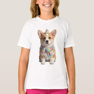 Cute Corgi in Beanie and Rainbow Scarf Kids T-Shirt