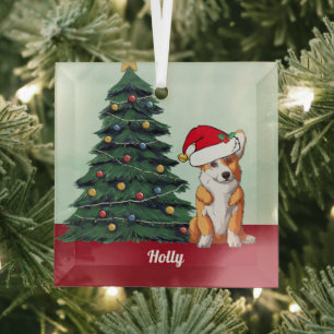 Cute Corgi in Santa Hat Personalised Christmas Glass Tree Decoration