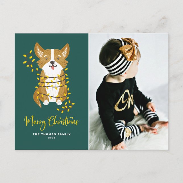 Cute Corgi in String Lights Merry Christmas Photo Holiday Postcard (Front)
