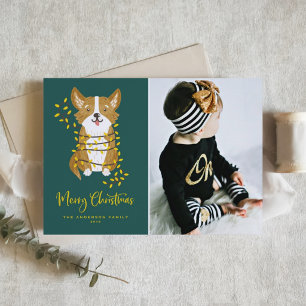 Cute Corgi in String Lights Photo Merry Christmas Holiday Card